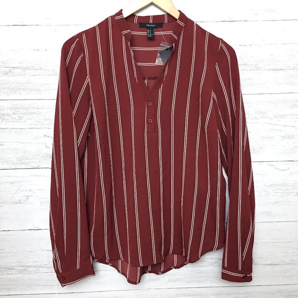 NEW Forever 21 Rust White Stripe Tunic Blouse V-Neck Long Sleeves Lightweight M